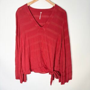 Free People Blouse Long Sleeve Boho Bell Sleeve Flowy Tie Waist Red Women M